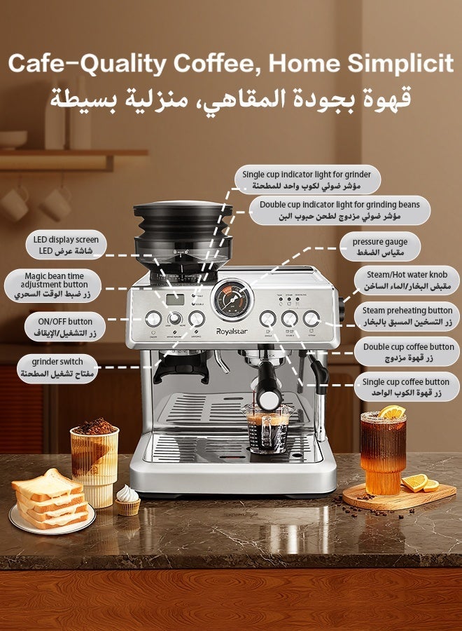 رويال ستار ماكينة قهوة نصف أوتوماتيكية بضغط 20 بار مع إعداد طحن وخفاقة حليب، مصنوعة من الفولاذ المقاوم للصدأ، مزودة بنظام تحكم PID في درجة الحرارة، مثالية لتحضير الإسبريسو والكابتشينو في المنزل والمكتب - Image 3